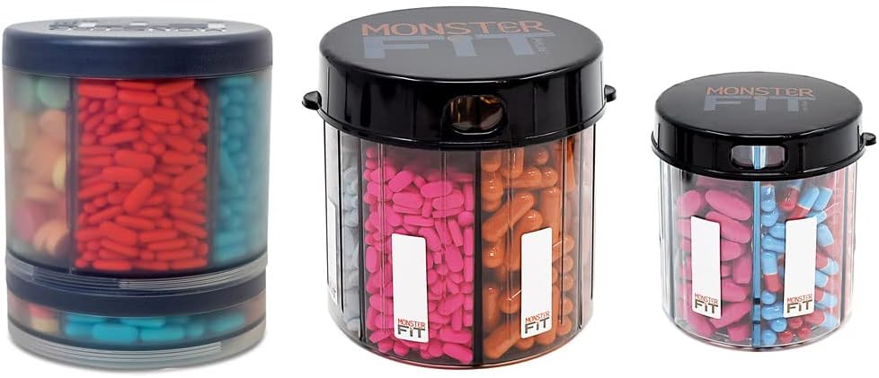 Συμπληρώματα Monster Medication Pill Dispenser με ετικέτες διαμερισμάτων - Extra Big Pill Container Μπουκάλι Λαβές Σχεδόν οποιοδήποτε συμπλήρωμα - Εύκολο στην Dispense (3 Pack - Monster, Monster Jr & Monster Ten)