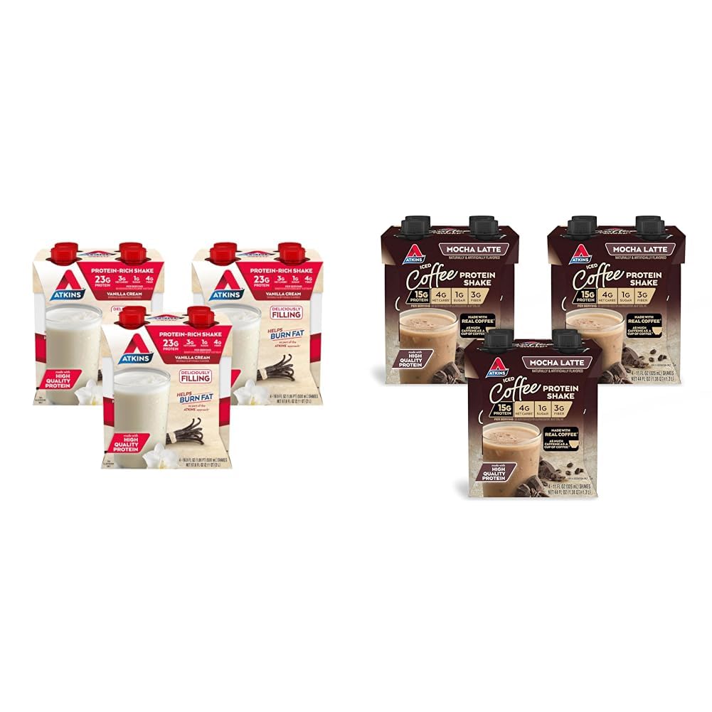 Atkins Vanilla Cream Meal Size Protein Shake, 23g Protein, Low Glycemic, 3g Carb & Mocha Latte Iced Coffee Protein Shake, 15g Protein, Low Glycemic, 4g Net Carb, 1g Sugar