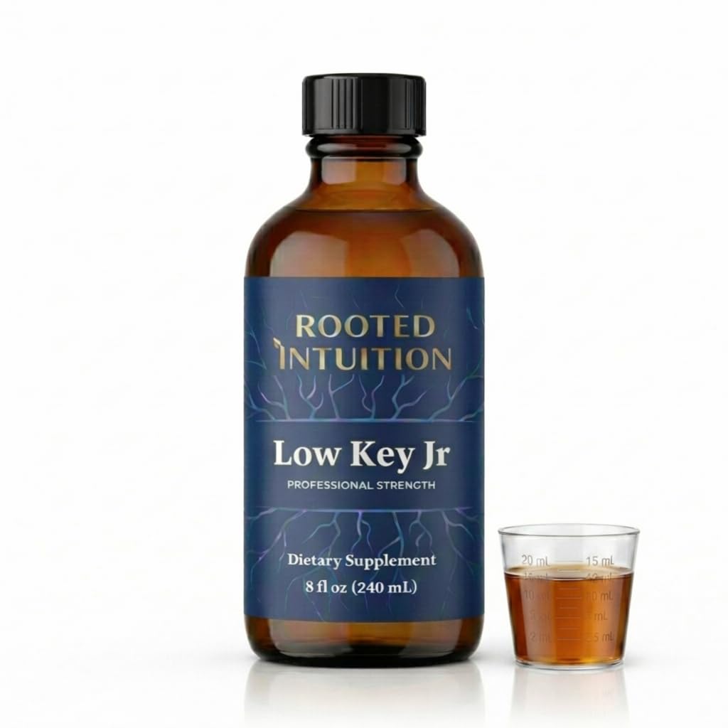 Rooted | Kids Calming Supplement for Focus Support - Natural Mood Stabilizer Zinc, Calm Kids Magnesium, L Theanine, Vitamin C, 5-HTC, B6, Inositol - Berry Flavor Liquid Vitamin | Low Key Jr | 8oz