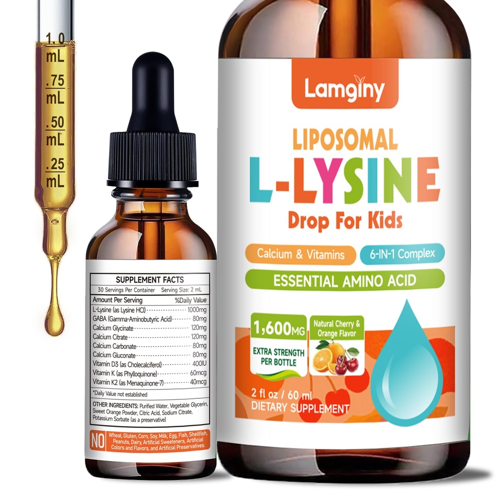 L-Lysine Liqud Drops, 1000mg L-Lysine for Kids & Adults with Calcium Complex, GABA, Vitamins, Skin & Lip Health, Immune & Collagen Production Support, Non-GMO, Natural Cherry & Orange Flavor 2 FL oz