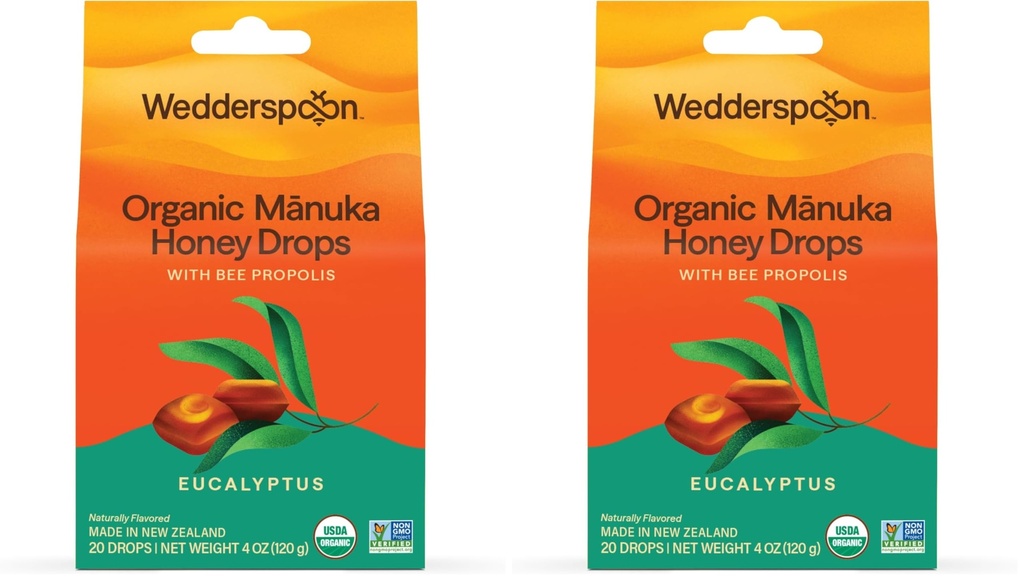 Wedderspoon Organic Manuka Honey Drops, Eucalyptus & Bee Propolis, 20 Count (4oz) Genuine New Zealand Honey | Perfect Remedy for Dry Throats - (Pack of 2)