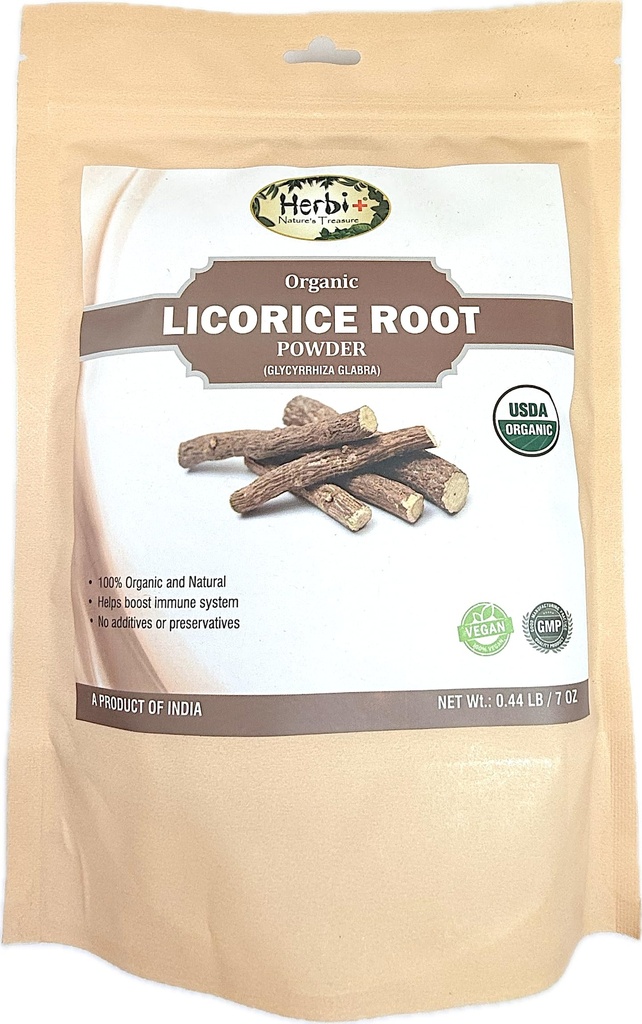 Herbi+ Organic Licorice Root Powder (Glycyrrhiza Glabra),100% Natural, USDA Organic, Vegan, Non-GMO, No Additives | Immune Support Herb | 7 oz (0.44 lb)