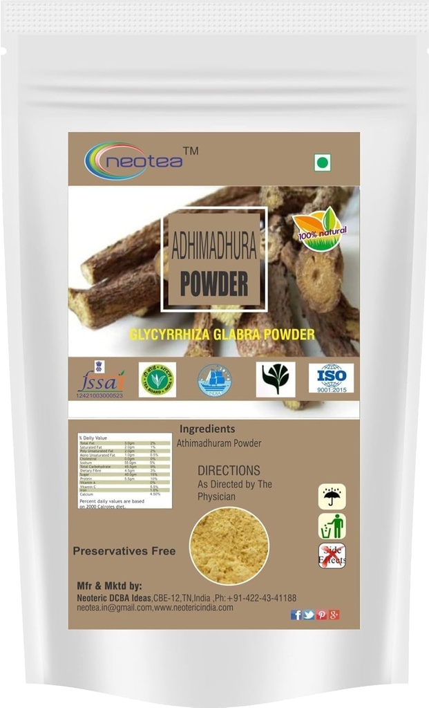 neotea Organics Licorice Root Powder | Athimadhuram Powder | Glycyrrhiza Glabra | Mulethi | Yashtimadhu | 100% Pure & Natural | Non-GMO | Product of India (100 GM(3.52 OZ))