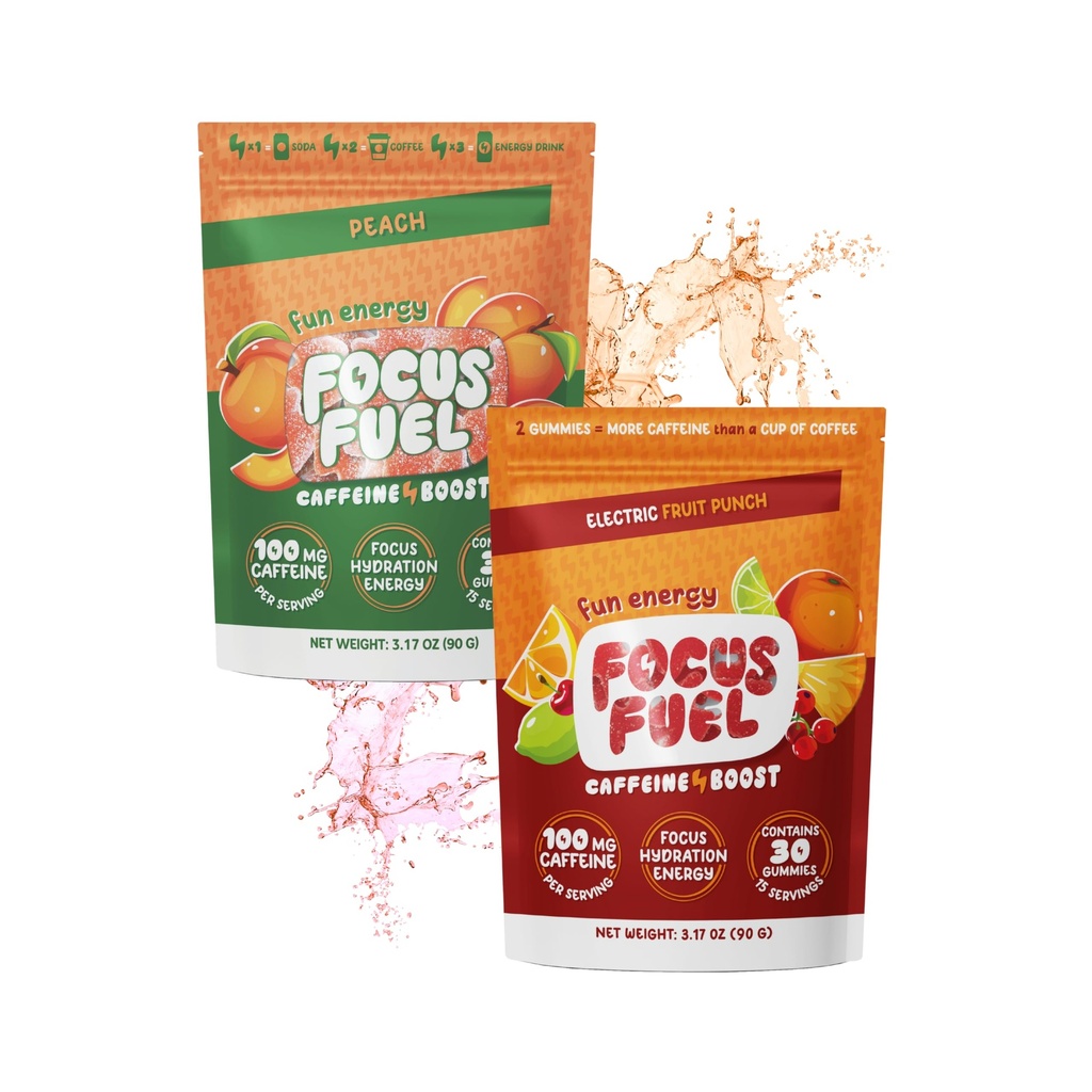 FocusFuel Energy Chews Variety Pack – Fruit Punch & Peach (2-Pack, 30 Servings Total) – 100mg Natural Caffeine + Nootropics – Bold Meets Smooth for Clean, Crash-Free Energy