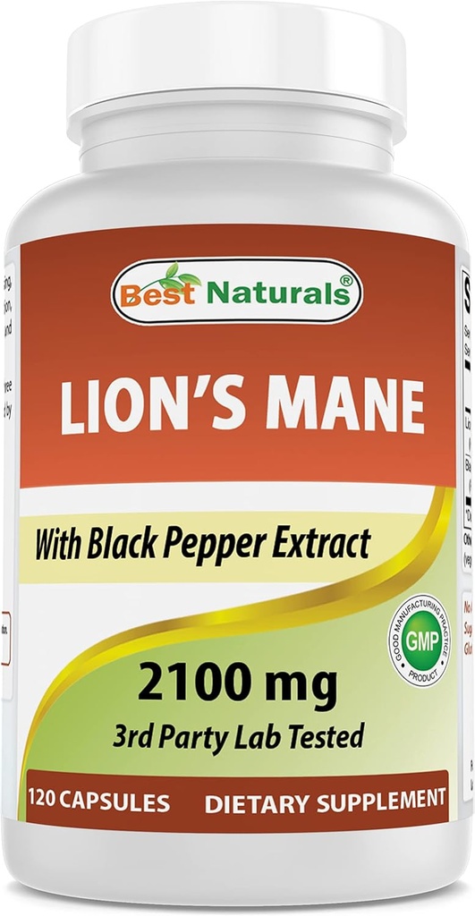 Best Naturals Lions Mane Mushroom Supplement 2100mg - 120 Κάψουλες - Υποστηρίζει ψυχική σαφήνεια, εστίαση & ανοσοποιητική υγεία - Προστέθηκε μαύρο πιπέρι για μέγιστη απορρόφηση