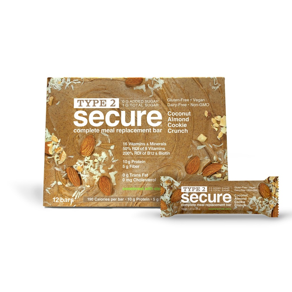 ANDREW LESSMAN Type 2 Secure Complete Meal Replacement Bars (Stevia) – Coconut Almond Cookie Crunch – 12 ct box – 10g Protein, 0g Added Sugar, 16 Essential Vitamins & Minerals, Gluten-Free, Vegan