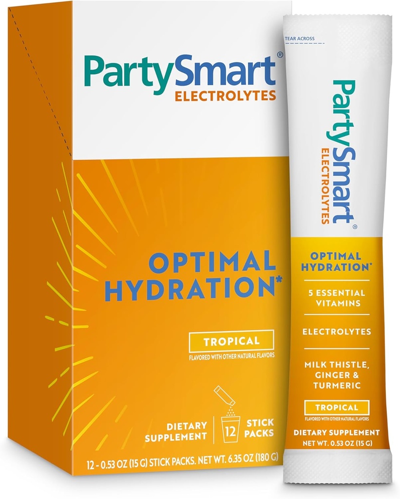 Himalaya PartySmart Tropical Electrolytes Powder Packets, 12 Count, Υποστηρίζει την ενυδάτωση, την ενυδάτωση με Νάτριο & Κάλιο, Βιταμίνη C & More, Αντιοξειδωτικό Recovery Recovery Milk Thistle, Ginger & Turmeric
