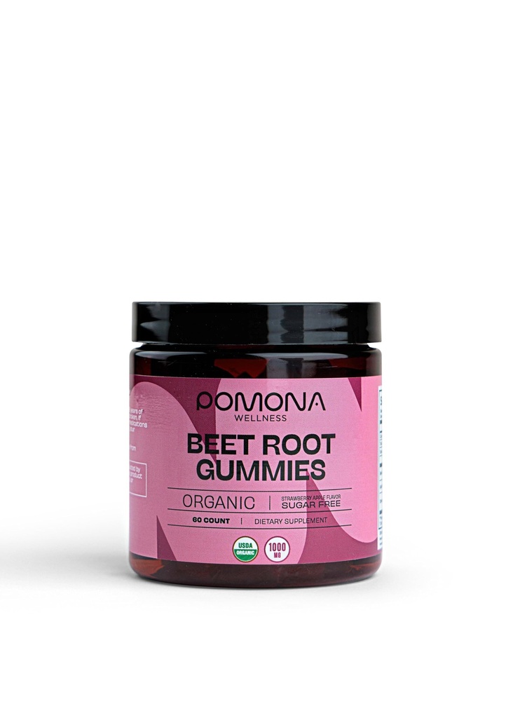 Pomona Wellness Organic Poent Beetroot Powder Gummies 1000mg – Χωρίς ζάχαρη, Συμπλήρωμα νιτρικού οξειδίου - Φυσική Φράουλα και γεύση μήλου, Vegan, 60 Count