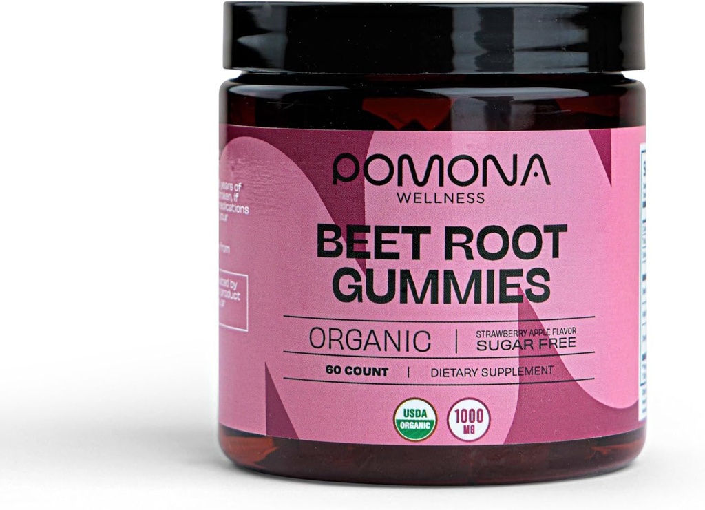 Pomona Wellness Organic Potent Beetroot Powder Gummies 1000mg – Sugar Free, Nitric Oxide Supplement - Natural Strawberry and Apple Flavor, Vegan, 60 Count
