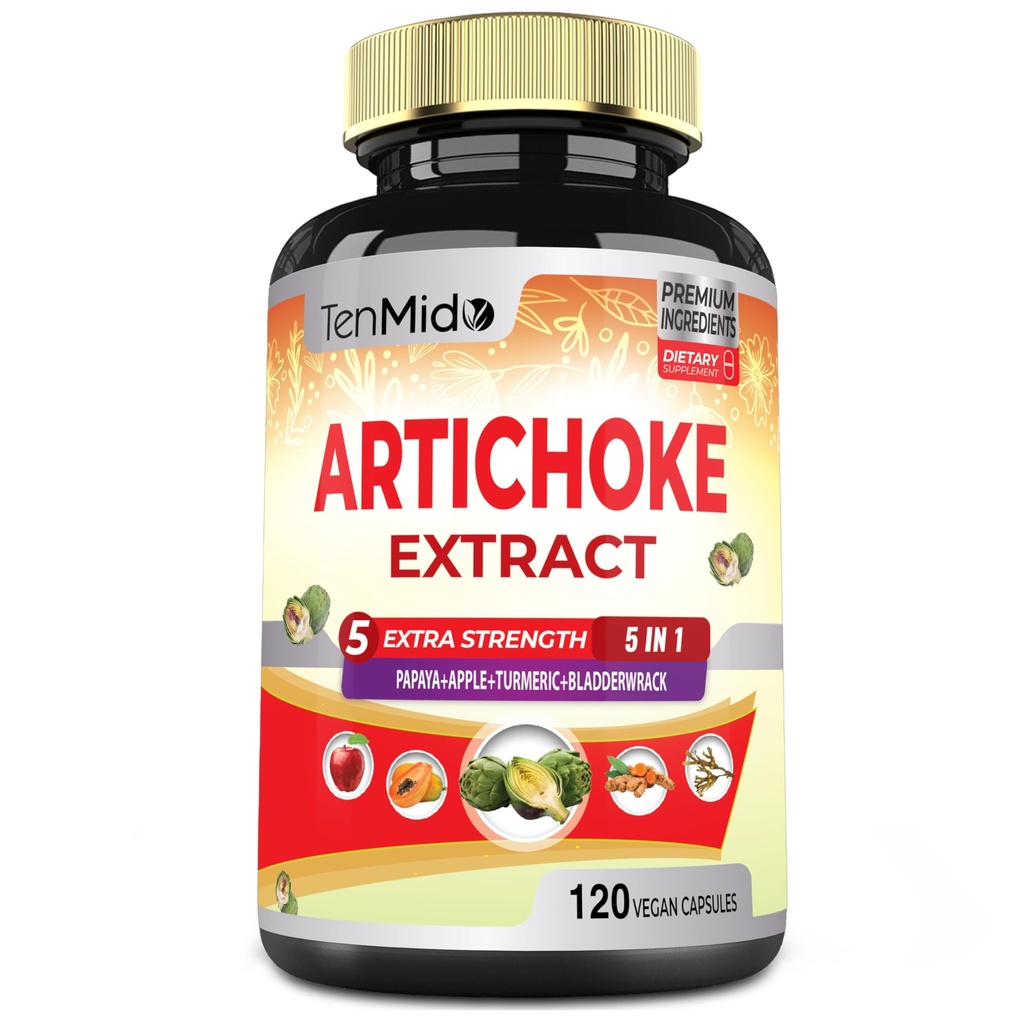 Εκχύλισμα συμπληρωμάτων Artichoke κάψουλες, 4 μήνες προμήθεια με Παπάγια, Πεκτίνη μήλου, κουρκουμίνη κουρκουμά, Bladderwrack - Υποστηρίζει λειτουργία πέψη - 120 κάψουλες Vegan