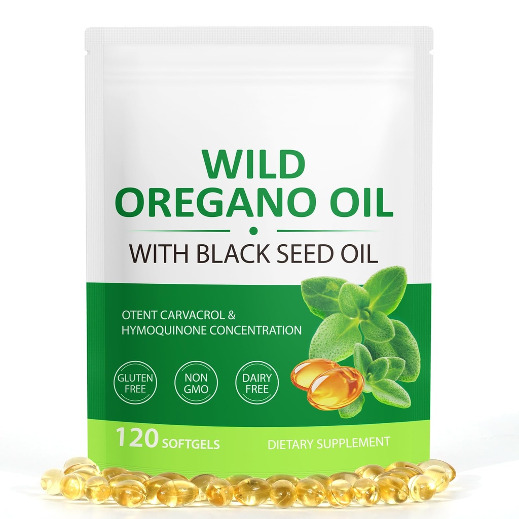 Oil of Oregano with Black Seed Oil, 6000mg Oregano Oil Capsules Organic, with Black Seed Oil 200mg,Wild Oregano Oil Immune and Antioxidant Support,Non-GMO,Gluten Free (120 pieces of white and green)