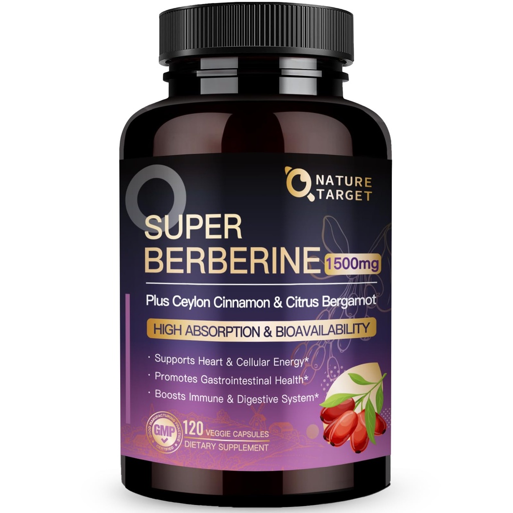 NATURE TARGET Berberine Supplement 1500mg, Higher Absorption Berberine HCL Complex with Citrus Bergamot - Supports Gastrointestinal & Immune, Non-GMO, 120 Capsules
