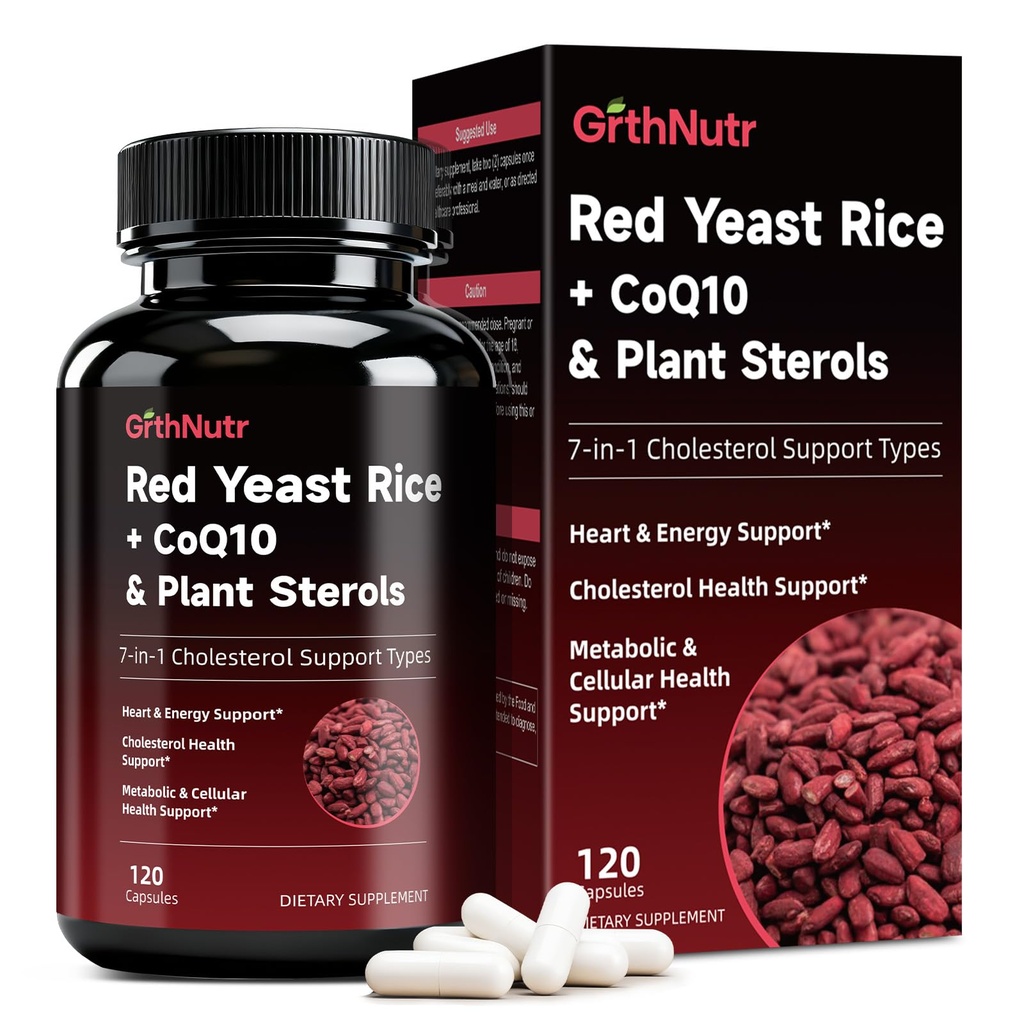 Red Yeast Rice 1200mg with CoQ10 Supplement - Healthy Heart & Cholesterol Formula with Phytosterols, Citrus Bergamot, Odorless Garlic, ALA, Supports Cardiovascular Health, Citrinin Free, Non GMO
