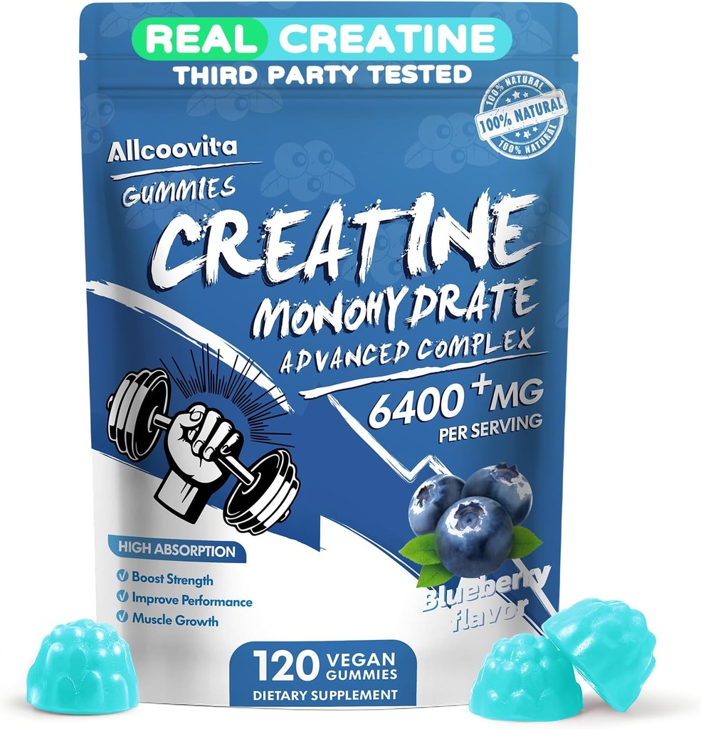 Creatine Monohydrate Gummies Complex for Men & Women - 120 Gummies Advanced Formula, L-Taurine + Βιταμίνη B12 για μυϊκή δύναμη, μυών Builder, Energy Boost, Pre-Workout Supplement -Blueberry