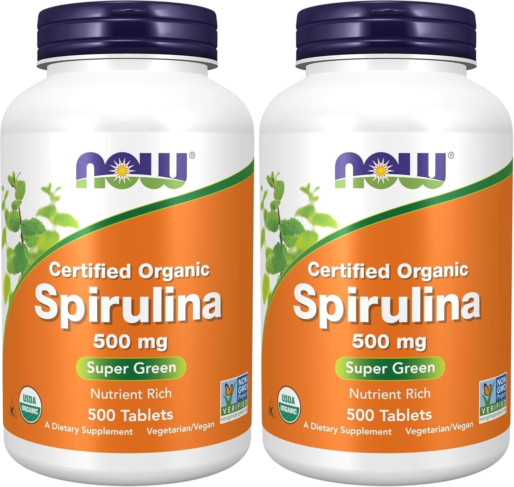 NOW Συμπληρώματα, Organic Spirulina 500 mg με Βιταμίνες, Ορυκτά και GLA (Gamma- Linolenic Acid), 500 δισκία (Pack of 2)