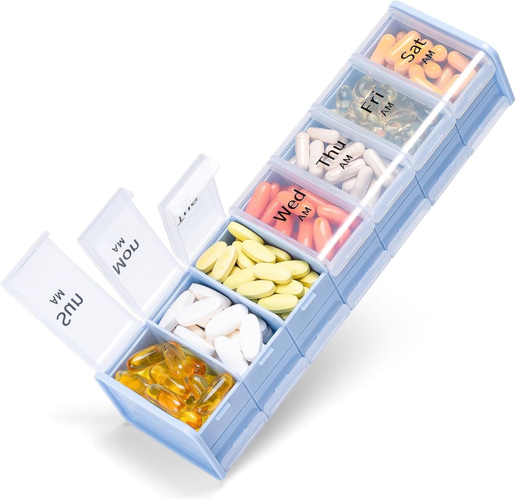 Extra Large Weekly Pill Organizer 2 φορές την ημέρα - Betife 7 Day Pill Box, AM PM Pill Case with Double Layer Jumbo Compartment for Pills, Vitamin, Fish Oil, Συμπληρώματα (Blue/White)