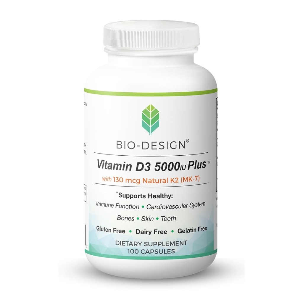 Vitamin D3 5000i Plus 130 mcg Natural K2 (MK-7) - Immune Regulation & Support Supplement - Supports Healthy Immune Function, Bone & Teeth Mineralization, & Heart Health -100 Capsules