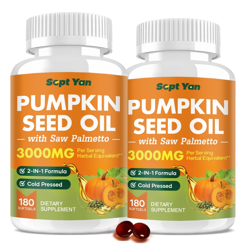 Pumpkin Seed Oil with Saw Palmetto Capsules, 3000mg Per Serving, Pumpkin Seeds Oil Supplement, Supports Immune, Hair, Urinary, Bladder & Prostate Health, Non-GMO, 360 Softgels