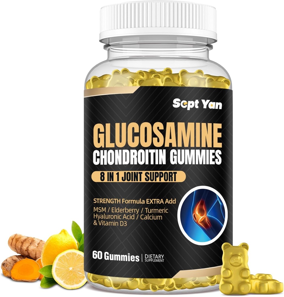 Γλυκοσαμίνη Chondroitin Gummies - 60 συμπληρώματα κοινής υποστήριξης - 1500mg επιπλέον δύναμη με MSM, Elderberry, Turmeric - Cartilage & Immune Support for Adults, Men & Women Vegan - Easy to Swallow