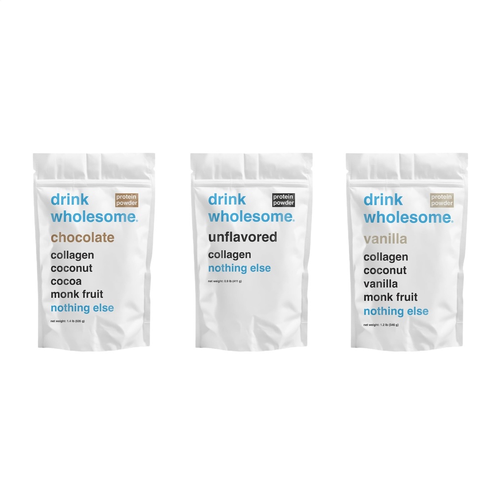 drink wholesome Chocolate, Unflavored, and Vanilla Collagen Protein Powder Bundle