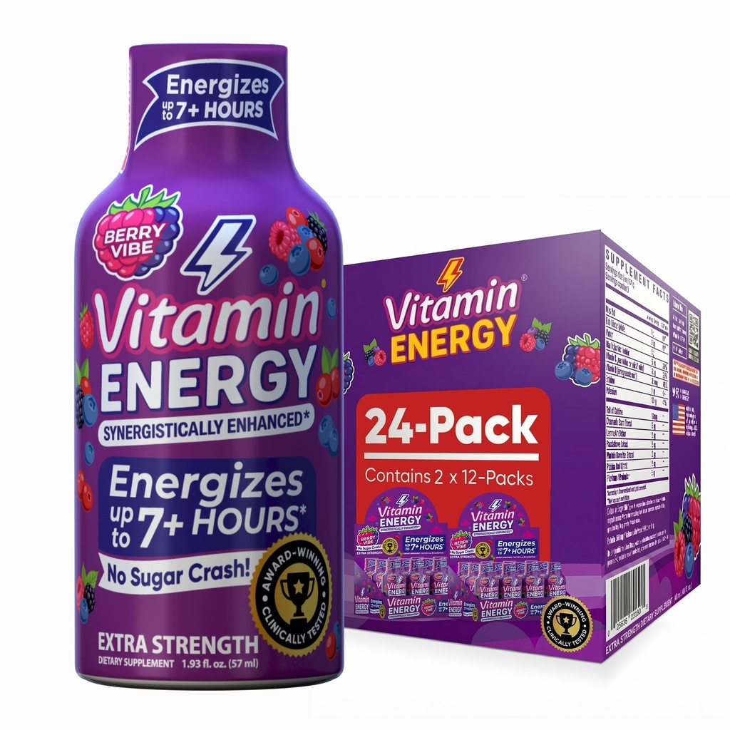 Vitamin Energy Mood+ Extra Strength Energy Shot Tropical Berry 24 Pack, 260mg Natural Caffeine, B-Vitamins, Rhodiola, Χαμομήλι, Mood & Energy Support, Zero Sugar, Χωρίς γλουτένη, Vegan, 1.93 fl oz