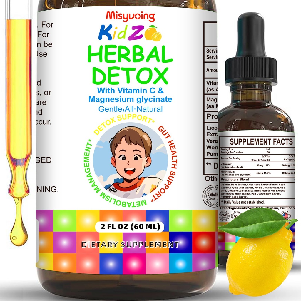 Natural Herbal Gut Support for Kids and Adults,Supports Body Cleansing, Immune Support,Improve Concentration,Vitamins C & Magnesium Glycinate,Sugar-Free (60ml, Lemon)