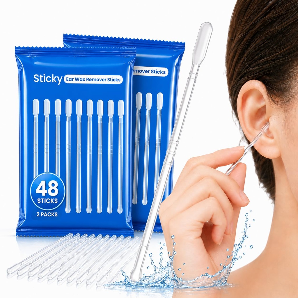 2-in-1 Sticky Ear Cleaning Stick | Dual-Ended Ear Wax Remover | Rounded Adhesive Tip & Scoop End | Gentle & Safe for Adults & Kids | Reusable Travel-Friendly Ear Care Tool(48Count)