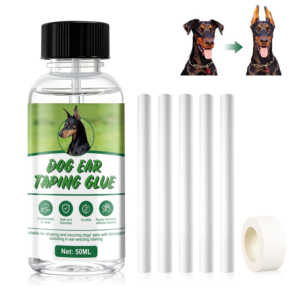 Pet Ear Taping Glue, Doberman Ear Posting Kit, Dog Ear Posting Kit with Ear-Up Cotton Swabs, Long-Lasting and Non-Detachable Adhesive, Suitable for Daily Care of All Dog Breeds