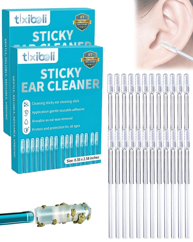 Sticky Ear Cleaning Stick, 48 Pack Upgraded Large Resin Gentle Reusable Adhesive Ear Wax Removal Soft Head Swabs Cleaner Pick Scoop Tool Kit with Dust Cover for All Ages (48pcs)