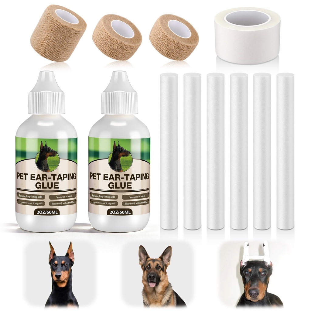 Doberman Ear Posting Kit with 2 Pack Liquid Dog Ear Bonding Cement (60ml Each) + 6 Stand Up Support Posts + 3 Elastic Tapes + 1 Non Woven Tape, Safe & Non Toxic Skin Glue for Pet Training