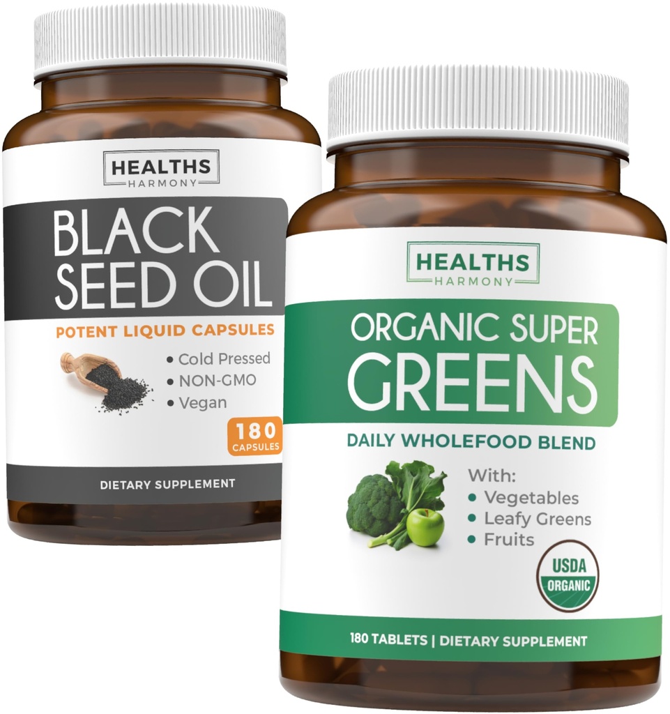 Μαύρο Λάδι σπόρων & Βιολογικό Super Greens (3-Month Supply) Σπόροι & Sprut Bundle Μαύρο Λάδι σπόρων (180 κάψουλες) Ψυχρό-Pressed Nigella Sativa & Βιολογικό Super Greens σκόνη (180 Tablets) Πλήρης Superfood