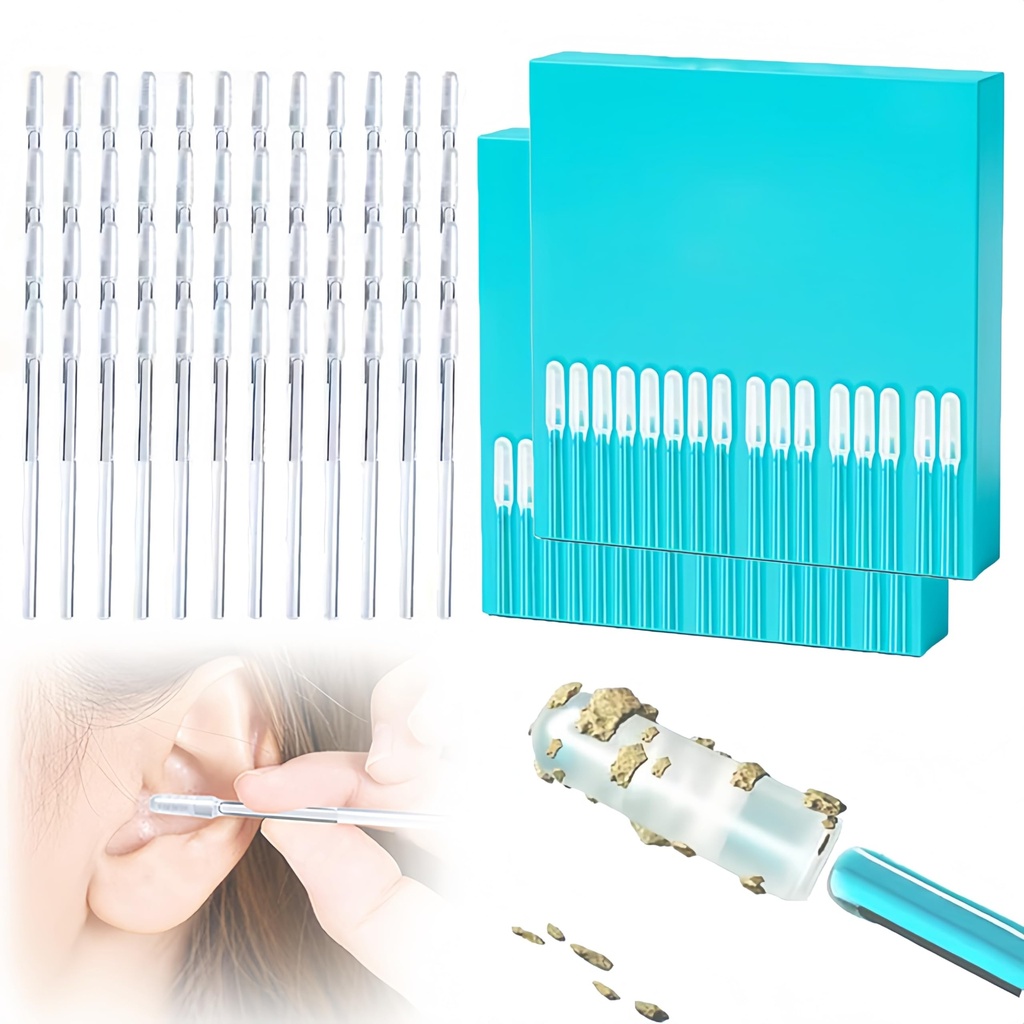 Earwax Removal Adhesive Swabs, New Reusable Ear Wax Removal Tools with Dust Cover Packaging, Adhesive Ear Wax Removal Tools, Ear Cleaning Tools Ear Curette for Kids & Adults (48Pcs, Small)