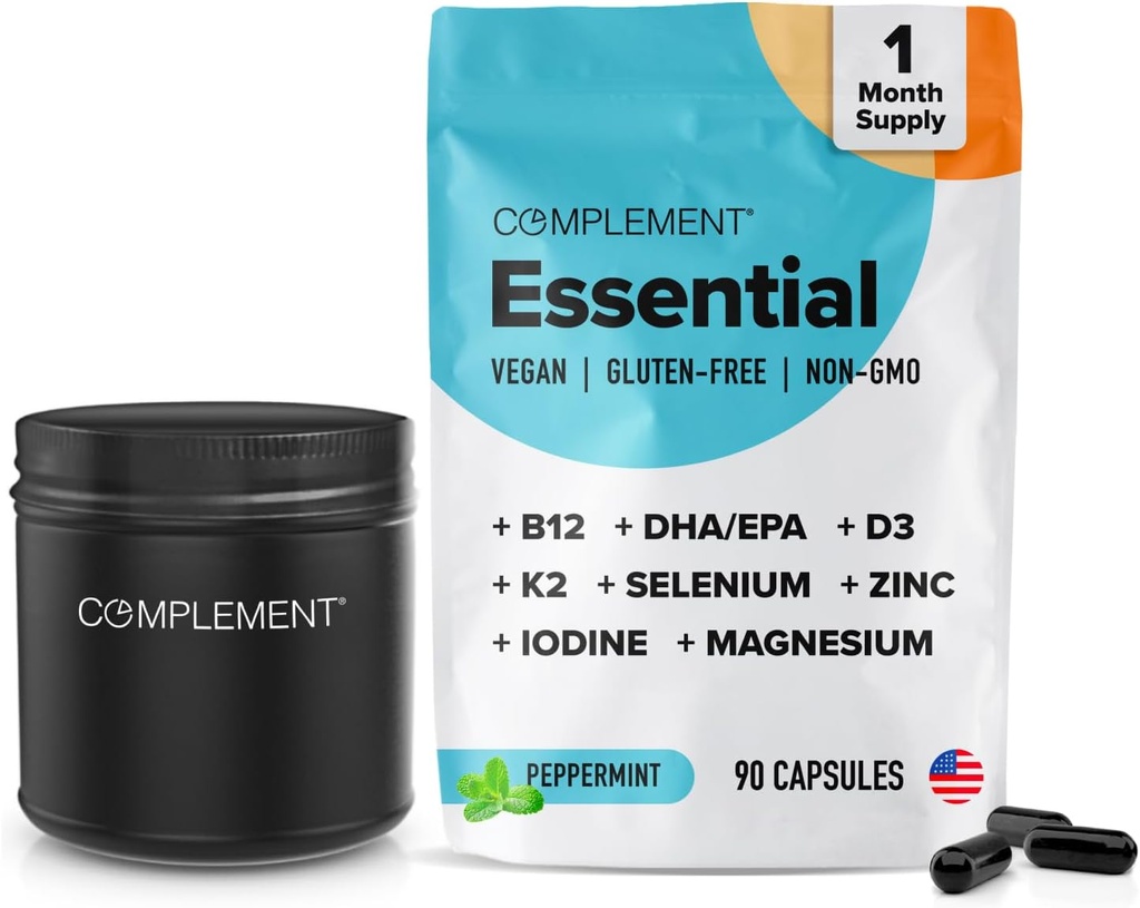 Complement Vegan Multivitamins for Women & Men- Omega 3 DHA+EPA, Vitamin B12, Vitamin D3 K2, Zinc, Selenium, Magnesium, Iodine Supplement- Immune Support- 90 Count, Includes Jar