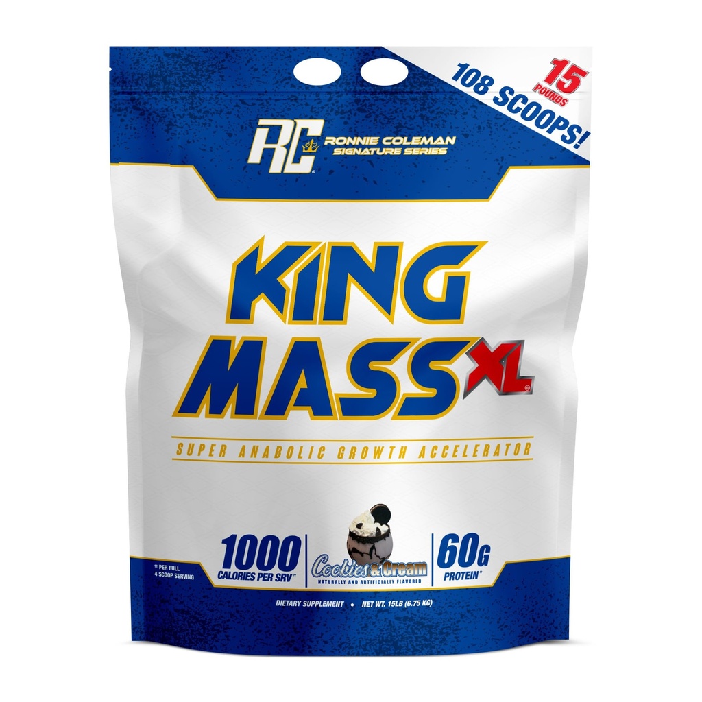 Ronnie Coleman Signature Series King Mass XL Mass Gainer Protein Powder, Muscle Gainer, 60g Protein, 180g Carbohydrates, 1,000+ Calories, Creatine and Glutamine, Cookies N' Cream, 15 Pound