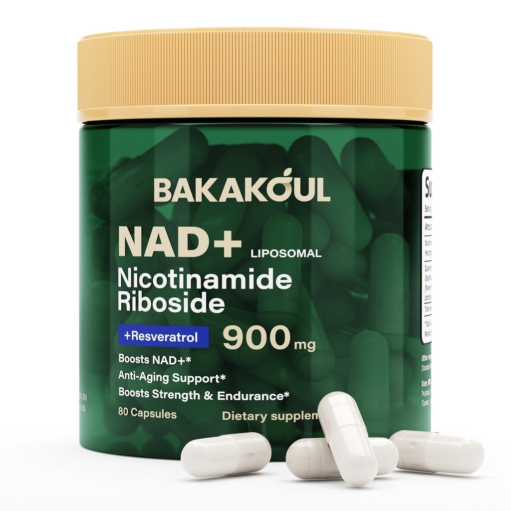 BAKAKOUL NAD Supplement - Liposomal Nicotinamide Riboside, Resveratrol, Quercetin, NAD Nicotinamide Riboside Resveratrol 900mg, NAD+ Supplement for Men and Women, 80 Capsules 1 Pack