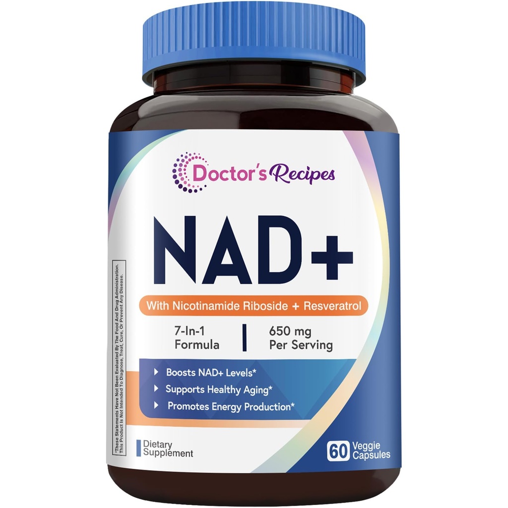 Doctor's Recipes NAD Supplement, Nicotinamide Riboside, Resveratrol, NMN Alternative for Anti-Aging, w/Magnesium Glycinate & L-Tryptophan, 650mg Per Serving, Energy & Mood Boost, 60 Vegan Capsules
