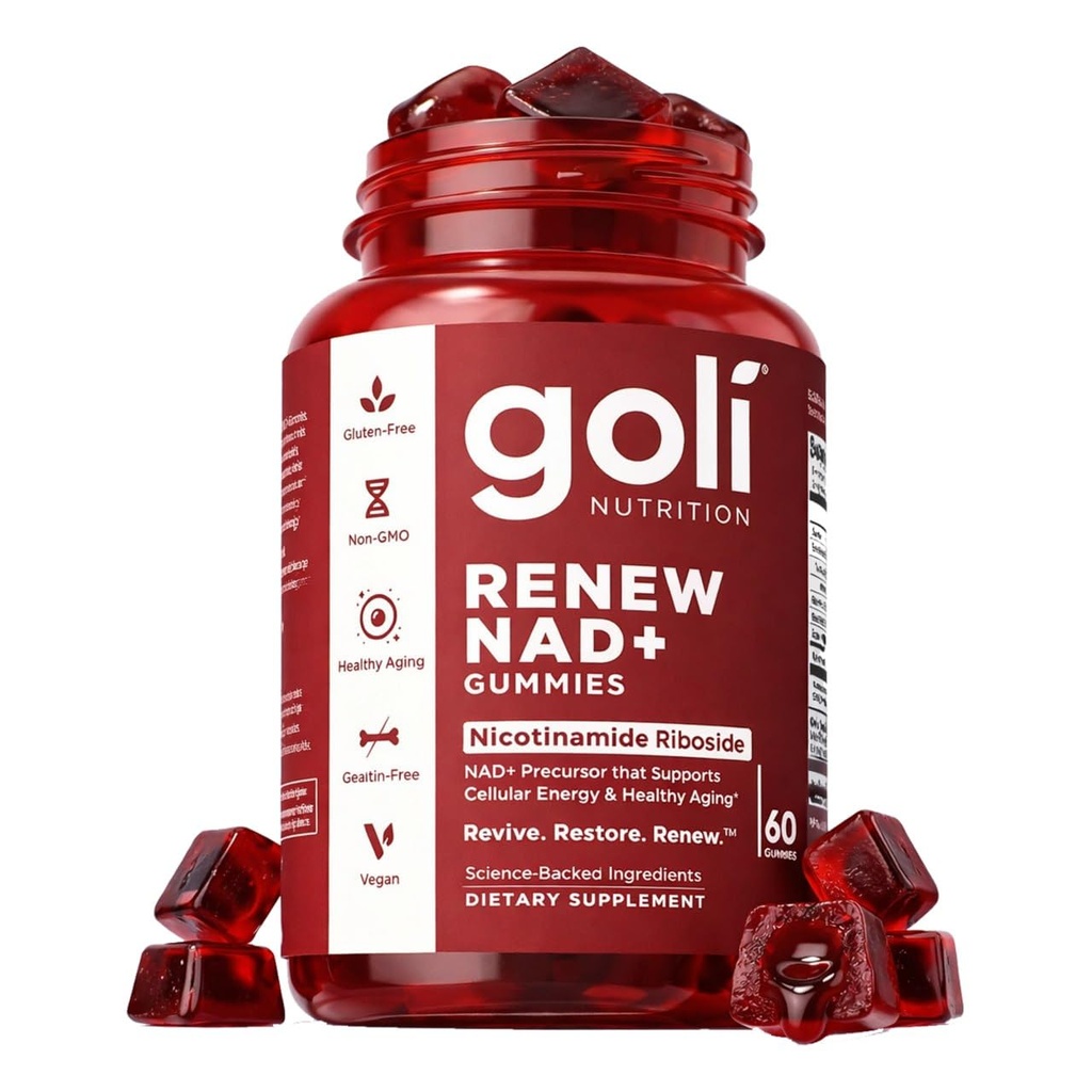 Goli World’s First Renew NAD+, 60 Count – Nicotinamide Riboside (NR) – Cellular Energy & Healthy Aging Support – Vegan, Non-GMO, Gelatin-Free Liquid-Center Gummies