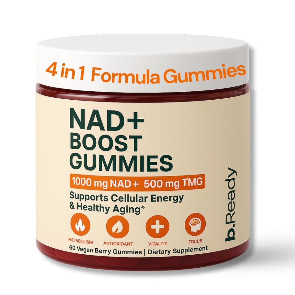 b.Ready NAD+ Gummies, Premium 1000 mg NAD Supplement with 500 mg TMG, Grape Seed & Black Pepper Extract – NAD+ for Healthy Aging, Cellular Energy & Antioxidant Support, Vegan, Sugar-Free, 60 Count