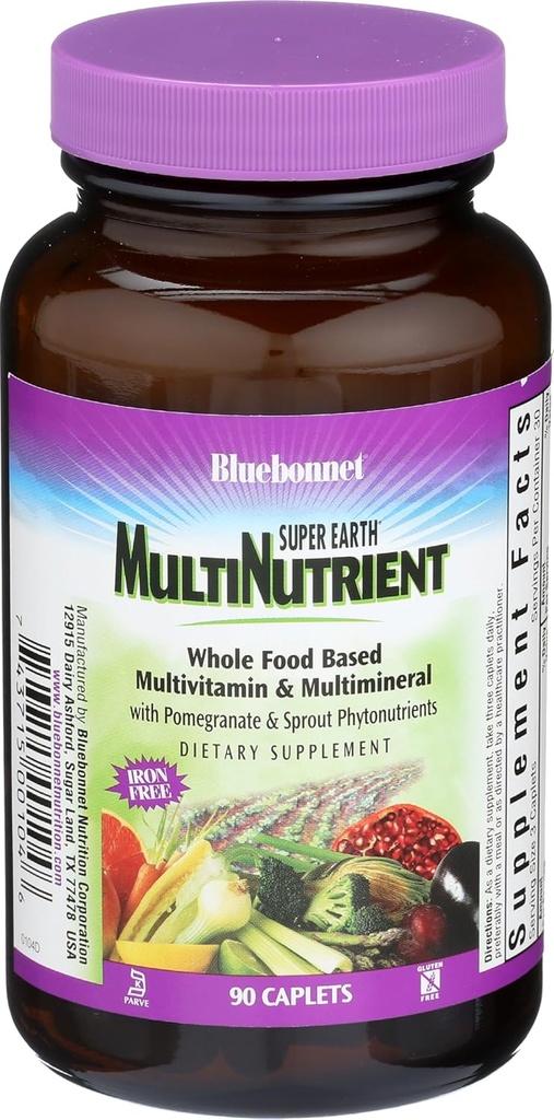 Bluebonnet Nutrition Super Earth* MultiNutrient Formula (Δωρεάν Iron), για Καθημερινή Διατροφική Υποστήριξη*, Χωρίς Γλουτένη, Kosher Certified, Χωρίς γαλακτοκομικά, Φυτικά Φιλικά, 90 Caplets, 30 Υπηρεσίες