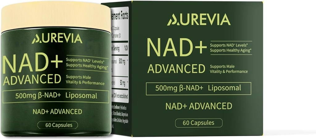 Aurevia NAD+ Advanced Supplement 500mg, Liposomal NAD+ Capsules, Daily Wellness Formula for Women & Men, 60 Capsules