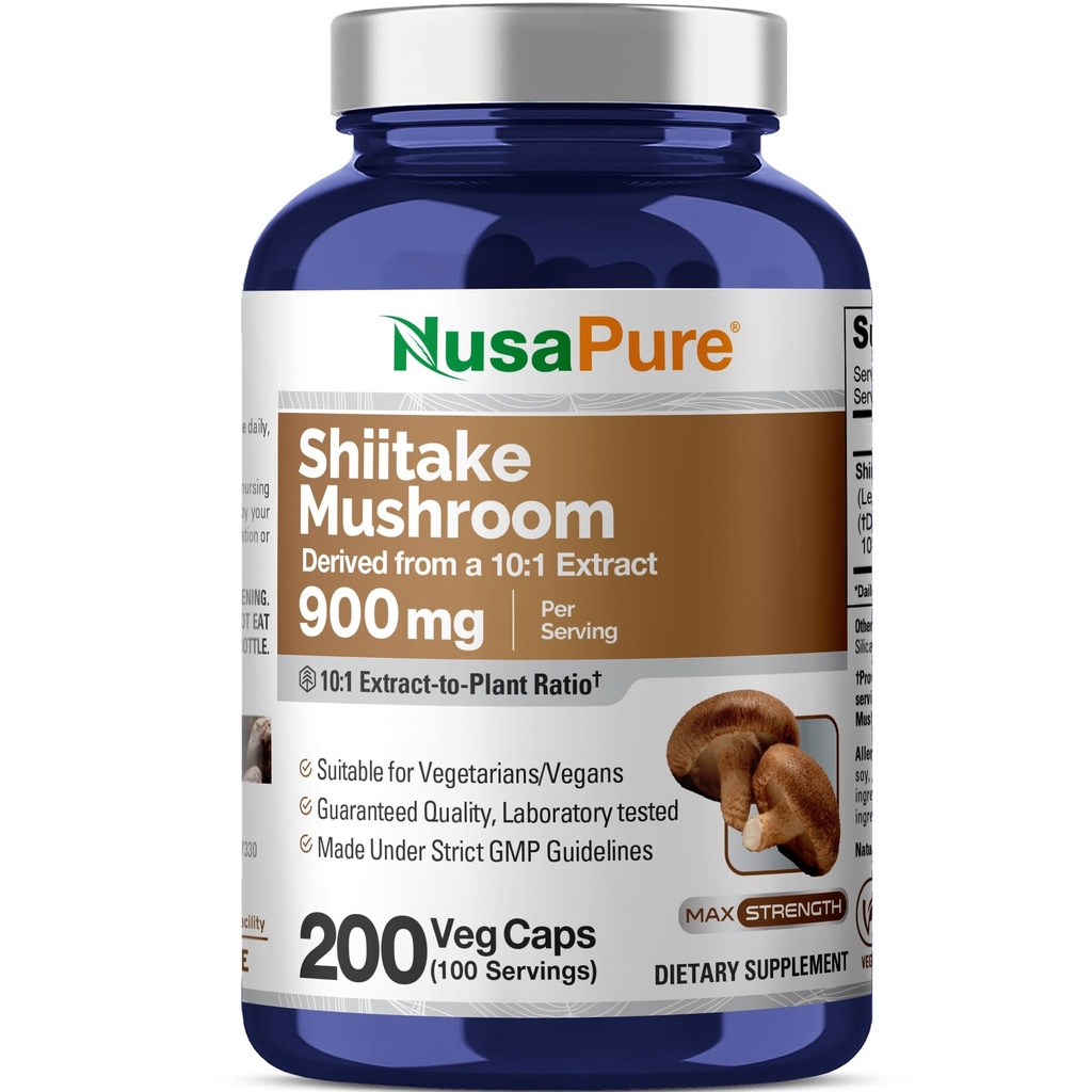 NusaPure Shiitake Mushroom, 900 mg, 200 Veggie Capsules (Non-GMO, Vegan)