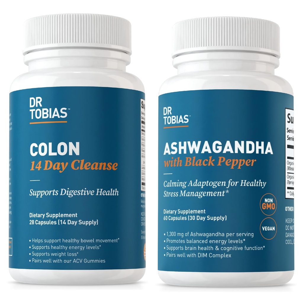 Dr. Tobias Colon 14 Ημέρα καθαρισμού και Ashwagandha κάψουλες, Colon Cleanse Detox και Calming Adaptogen, υποστηρίζει την ενέργεια & ανοσοποιητική υγεία, μη ΓΤΟ