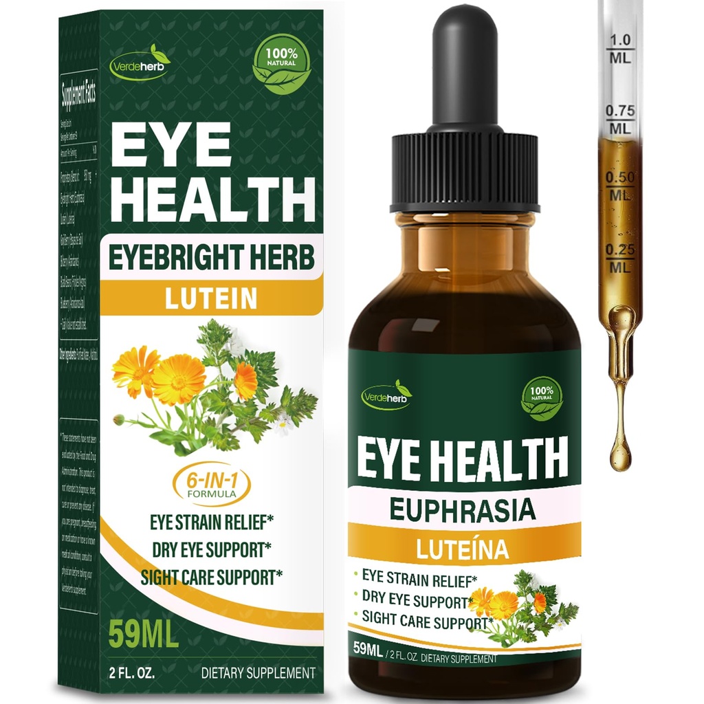 Eyebright Herb Eye Health Drops, Bilberry & Lutein Liquid Extract Herbal Supplement for Eye Strain Relief & Sight Care Support. Euphrasia Officinalis, Arándanos, Luteína para Los Ojos. 2oz