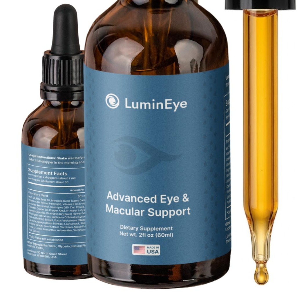 LuminEye Liquid Eye Vitamins – Sublingual Eye Health & Vision Support Drops – Lutein, Zeaxanthin, Astaxanthin, Bilberry & Omega-3 – Blue Light Support – 18 Eye Nutrients