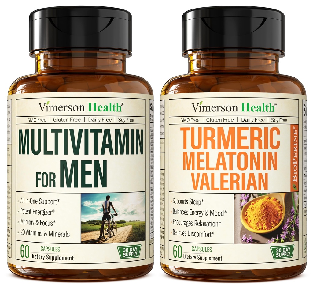 Mens Multivitamins + Turmeric Melaton Valerian Bundle για Κοινή Υποστήριξη και Ανακούφιση από Ανοσολογική Υγεία & Φλεγμονώδη Ανταπόκριση