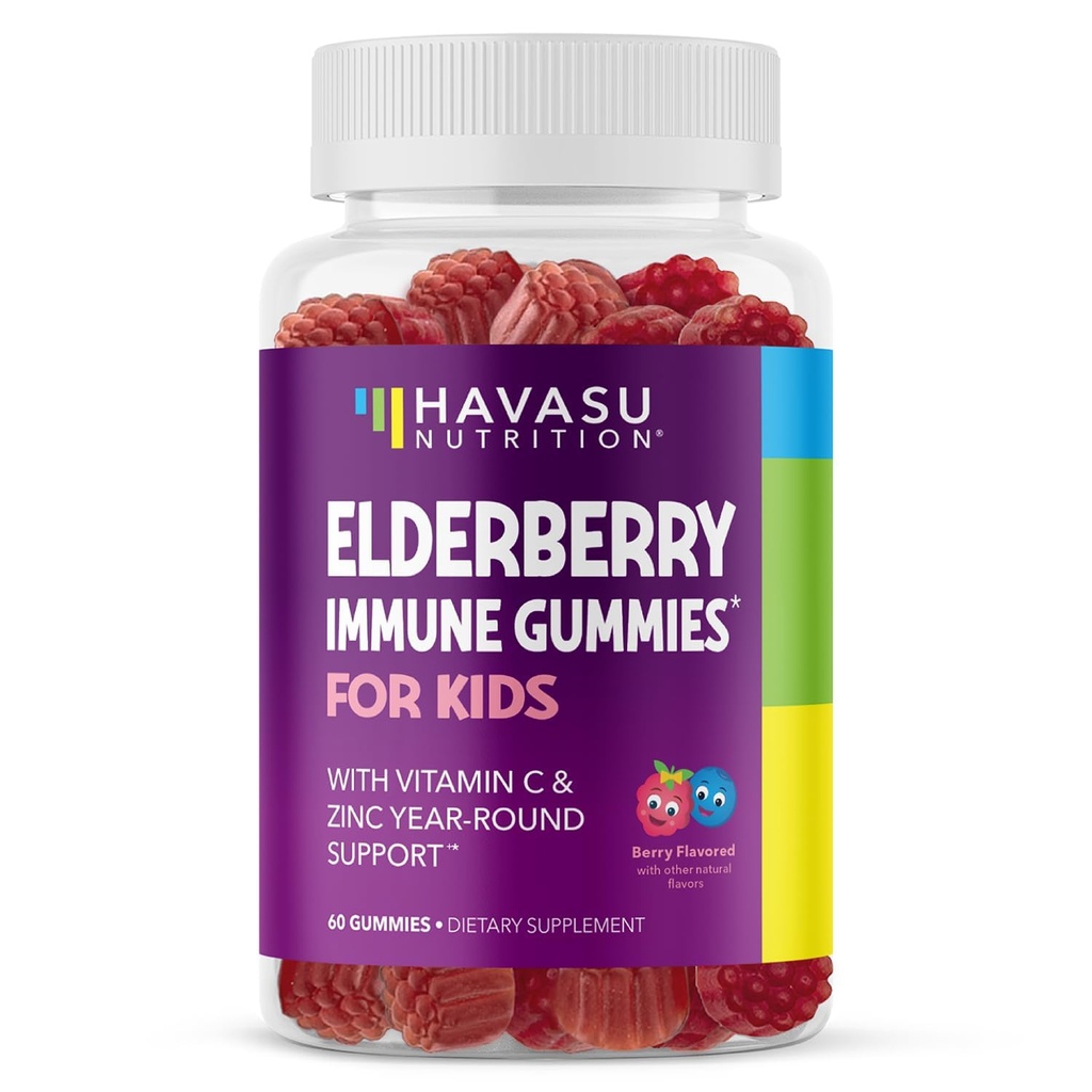 Gummys Elderberry για παιδιά με ψευδάργυρο και βιταμίνη C - συμπλήρωμα υποστήριξης του ανοσοποιητικού για τα παιδιά - 60 Count, Vegan, Berry Flavor - Βολικό καθημερινή άμυνα με αντιοξειδωτικά και απαραίτητα θρεπτικά συστατικά