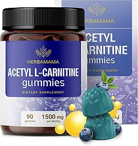 HERBAMAMA ALCAR Acetyl L-Καρνιτίνη 1500mg Gummies - L Carnitine συμπλήρωμα για την ενέργεια, την εστίαση & την υποστήριξη του εγκεφάλου - Vegan, μη GMO - 90 Pectin-based Blueberry-Flavored Chews