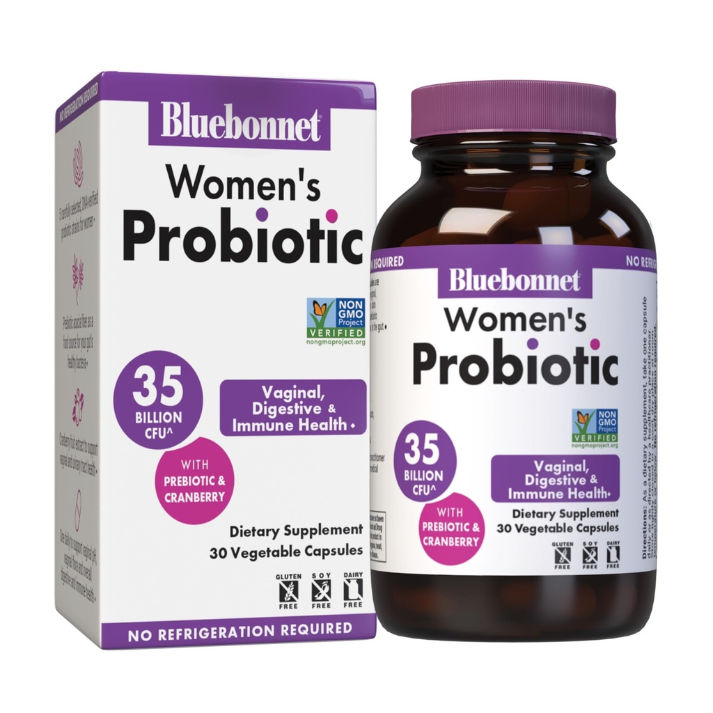 BlueBonnet Nutrition Women’s Probiotic 35 Billion CFU^ Shelf Stable - Urinary Tract, Vaginal pH, Digestive, Immune* - Prebiotic and Cranberry - Non-GMO, Free of Dairy, Gluten & Soy - 30 Servings