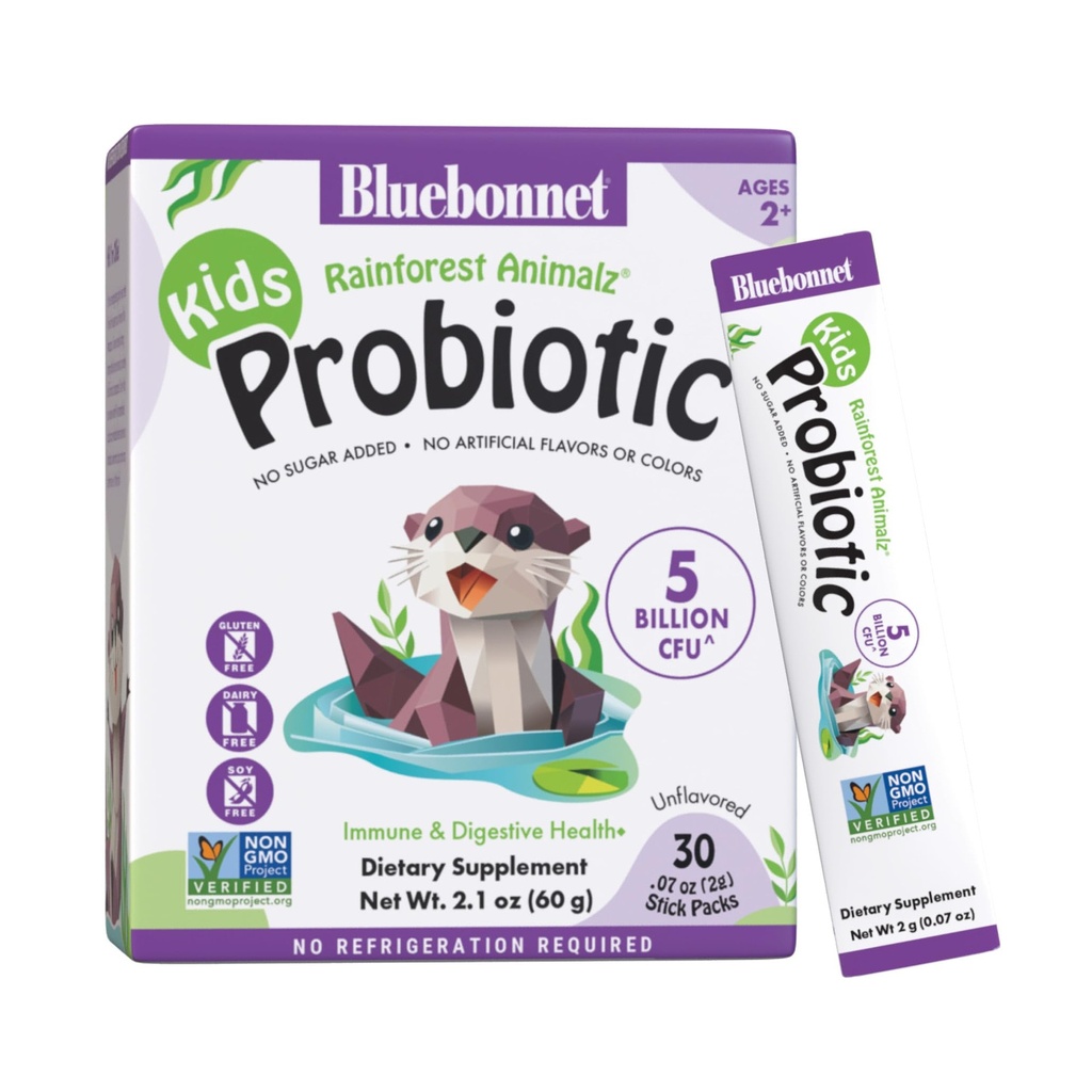 BlueBonnet Nutrition Rainforest Animalz Kids Probiotic 5 Billion CFU^ - Gut, Digestive & Immune Health - Non-GMO Free of Dairy, Gluten, Soy, Sugar, Artificial Flavor & Color - Unflavored, 30 Servings