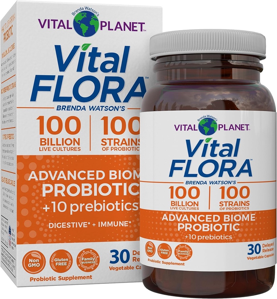 Vital Planet - Vital Flora Advanced Biome Probiotic 100 Billion CFU, 100 Diverse Strains, 10 Organic Prebiotics, Immune Support, Colon and Digestive Health Probiotics for Women and Men 30 Κάψουλες